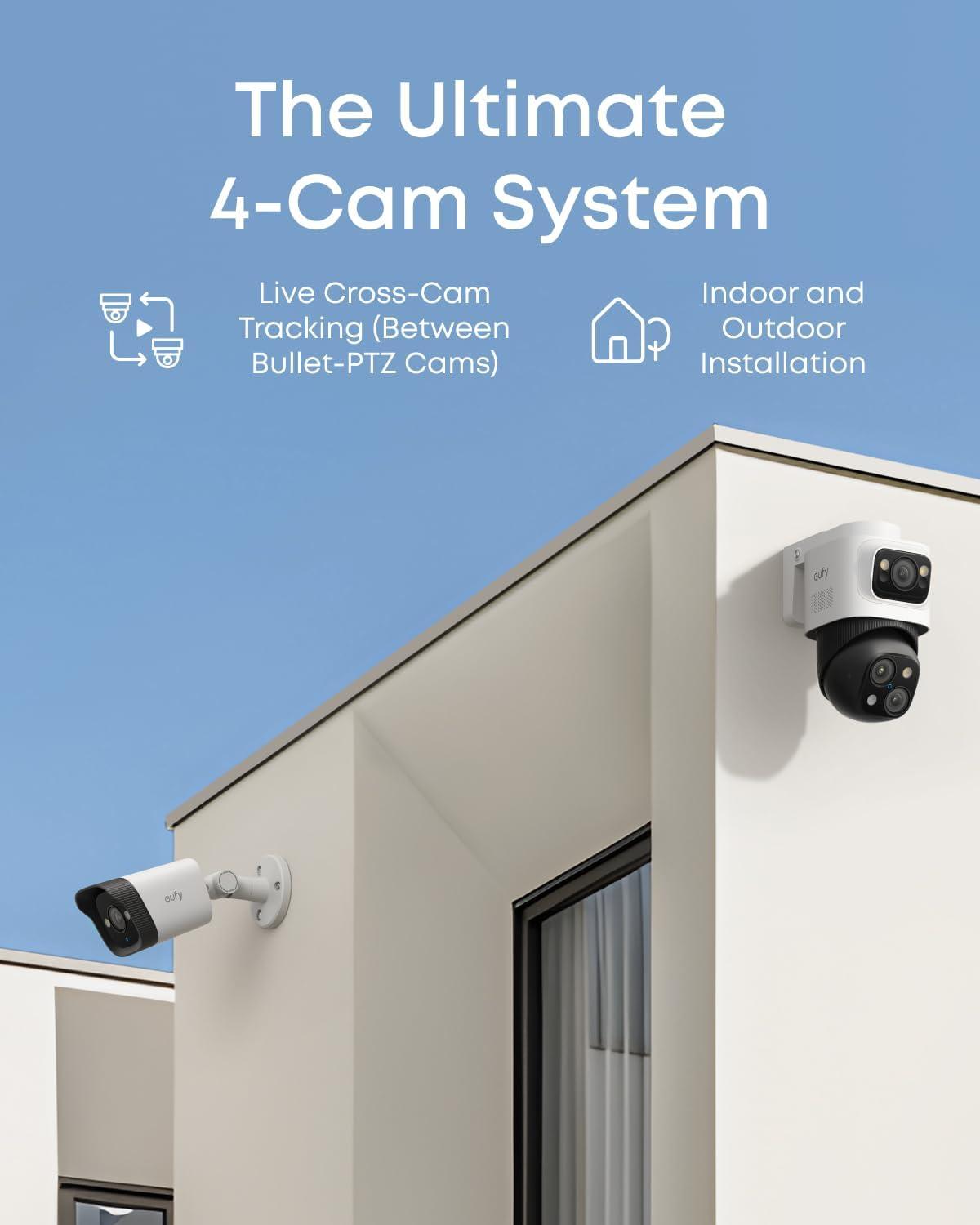 imageeufy 4K NVR Security Camera System S4 Max PoE Wired 247 Recording Triple Lens BulletPTZ Cam 360 PTZ Up to 16CH CrossCam Tracking 8 Auto Zoom Smart Video Search 2TB HDD2BulletPTZ2Bullet Cams