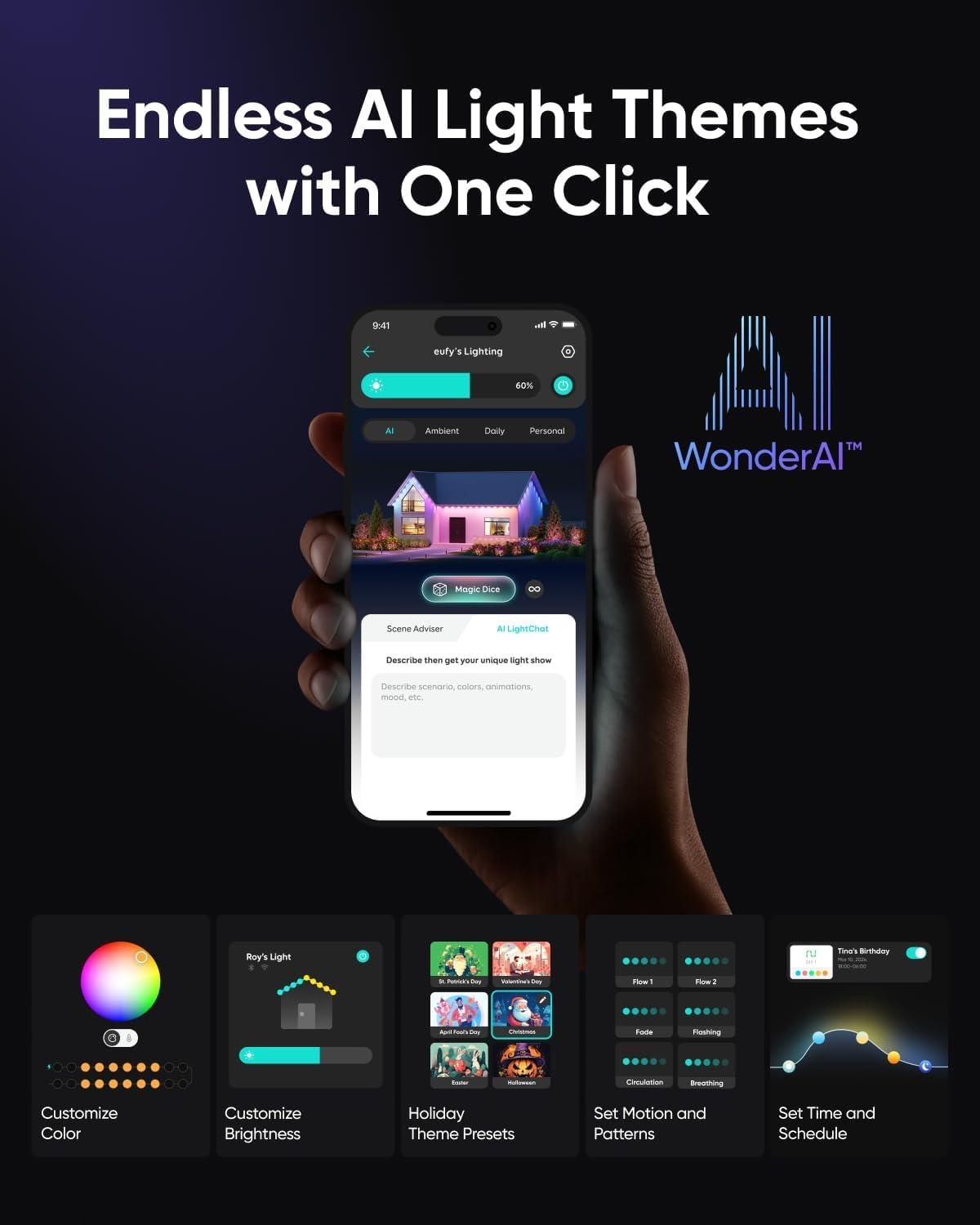 imageeufy Permanent Outdoor Lights E22 100ft with 60 TripleLED Lights Smart RGBWW Daily and Holiday Up to IP67 Waterproof AI Lighting Themes for Halloween Christmas Links with Cameras BlackWhite