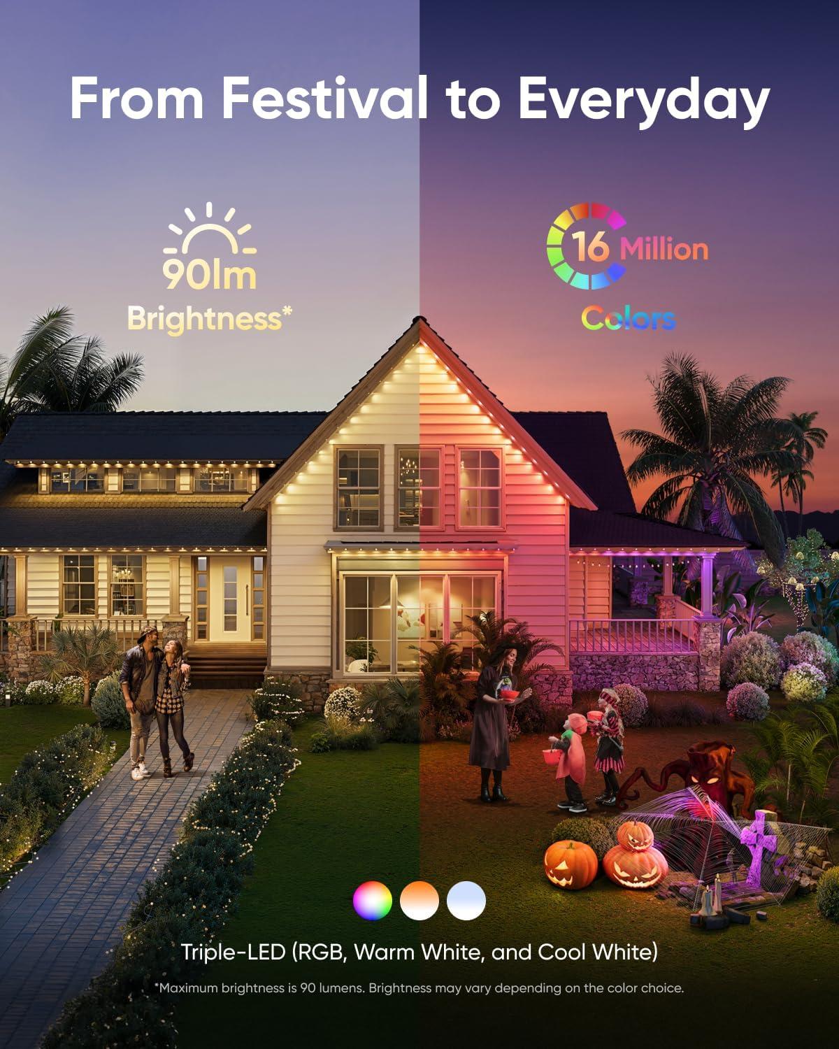 imageeufy Permanent Outdoor Lights E22 100ft with 60 TripleLED Lights Smart RGBWW Daily and Holiday Up to IP67 Waterproof AI Lighting Themes for Halloween Christmas Links with Cameras BlackWhite