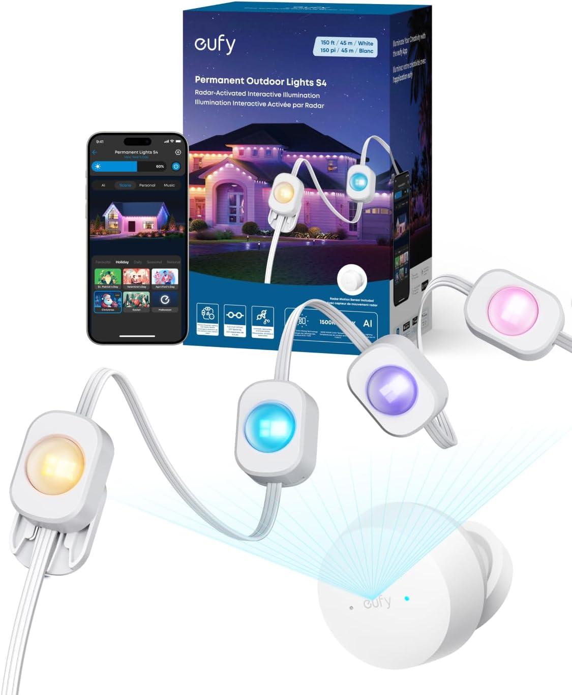 imageeufy Permanent Outdoor Lights S4 3D RadarActivated 200ft with 144 LED Lights Smart RGBWW for Christmas Decorations AI Light Themes Music Mode Matter Support IP67 Waterproof Link with CamerasWhite