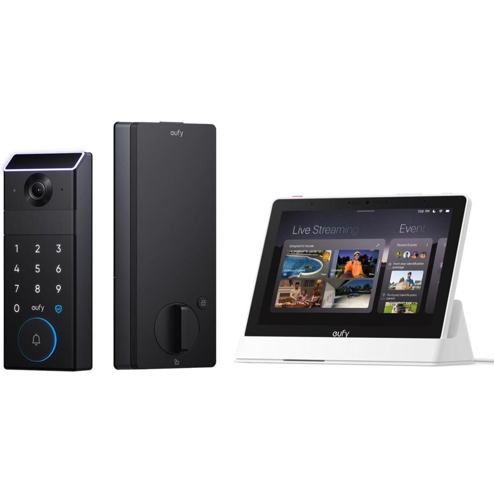 imageeufy FamiLock S3 Pack with Smart Display Smart Lock with Palm Vein Recognition Keyless Entry Door Lock for Front Door 3in1 WiFi Keypad Deadbolt 2K HDR Camera Doorbell ANSIBHMA Grade