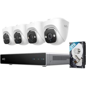 eufy PoE NVR Security System E41,24/7 Recording,Up to 16CH, 2TB HDD, 4 4K Turret Cams, Wired Outdoor Cam, 4K UHD, 122° FOV, Color Night Vision, AI Detection, Red and Blue Strobe(4 Turret Cams)