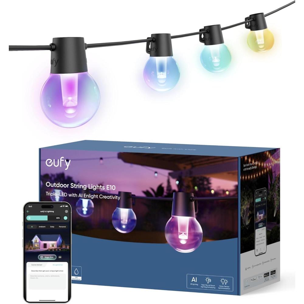imageeufy Outdoor String Lights E10 96ft with 30 Smart RGBWW LED Bulbs Endless AI Light Themes for Christmas Decorations IP65 Waterproof for Patio Fence Balcony Link with Cameras Voice ampamp App Control
