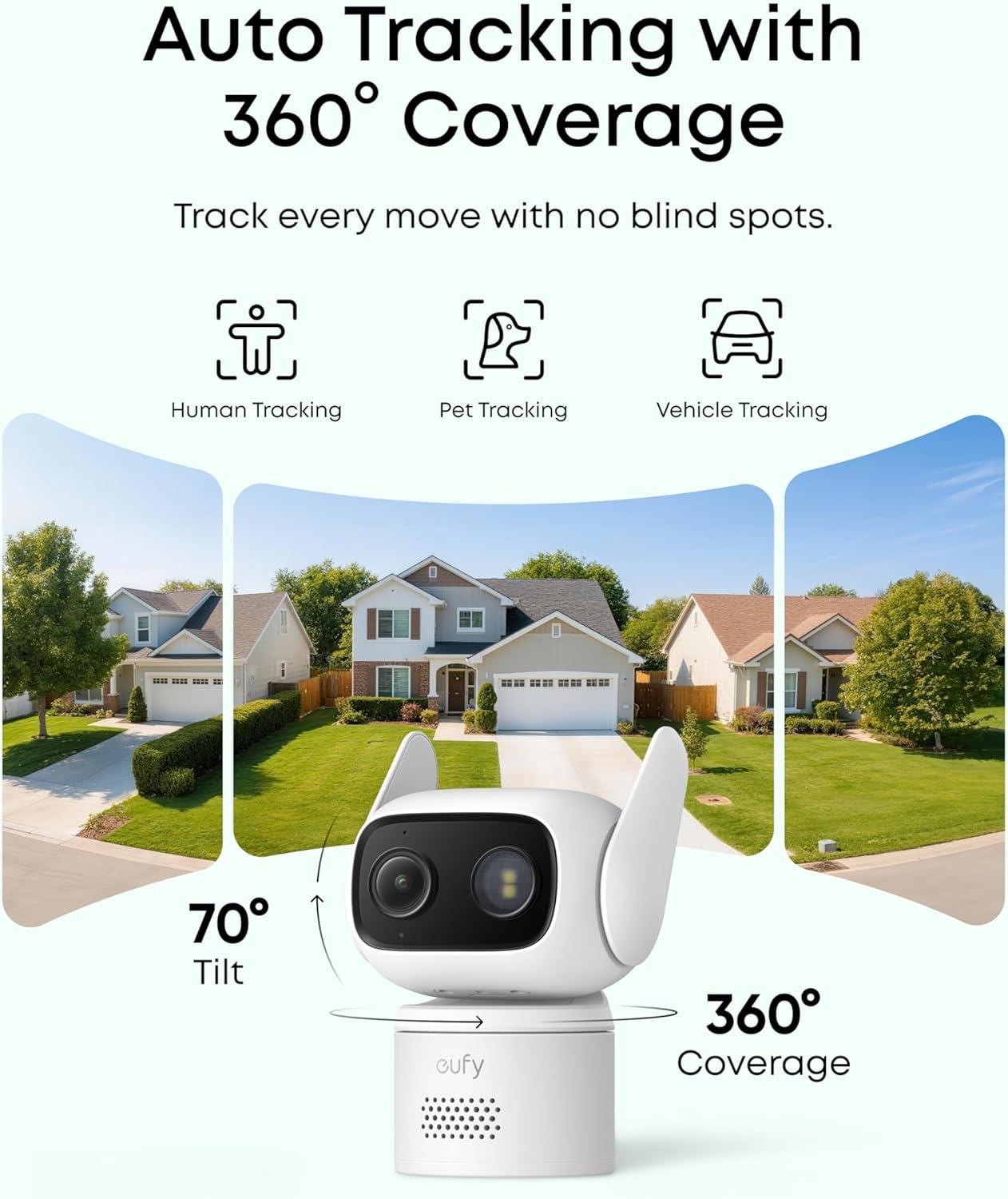 image:imageeufy Security Wired Cam C31 2Pack IndoorOutdoor Camera IP66 360 Coverage wPanampTilt 247 Recording Auto Tracking No Subscription Color Night Vision AI HumanVehiclePetCry Detection2pack