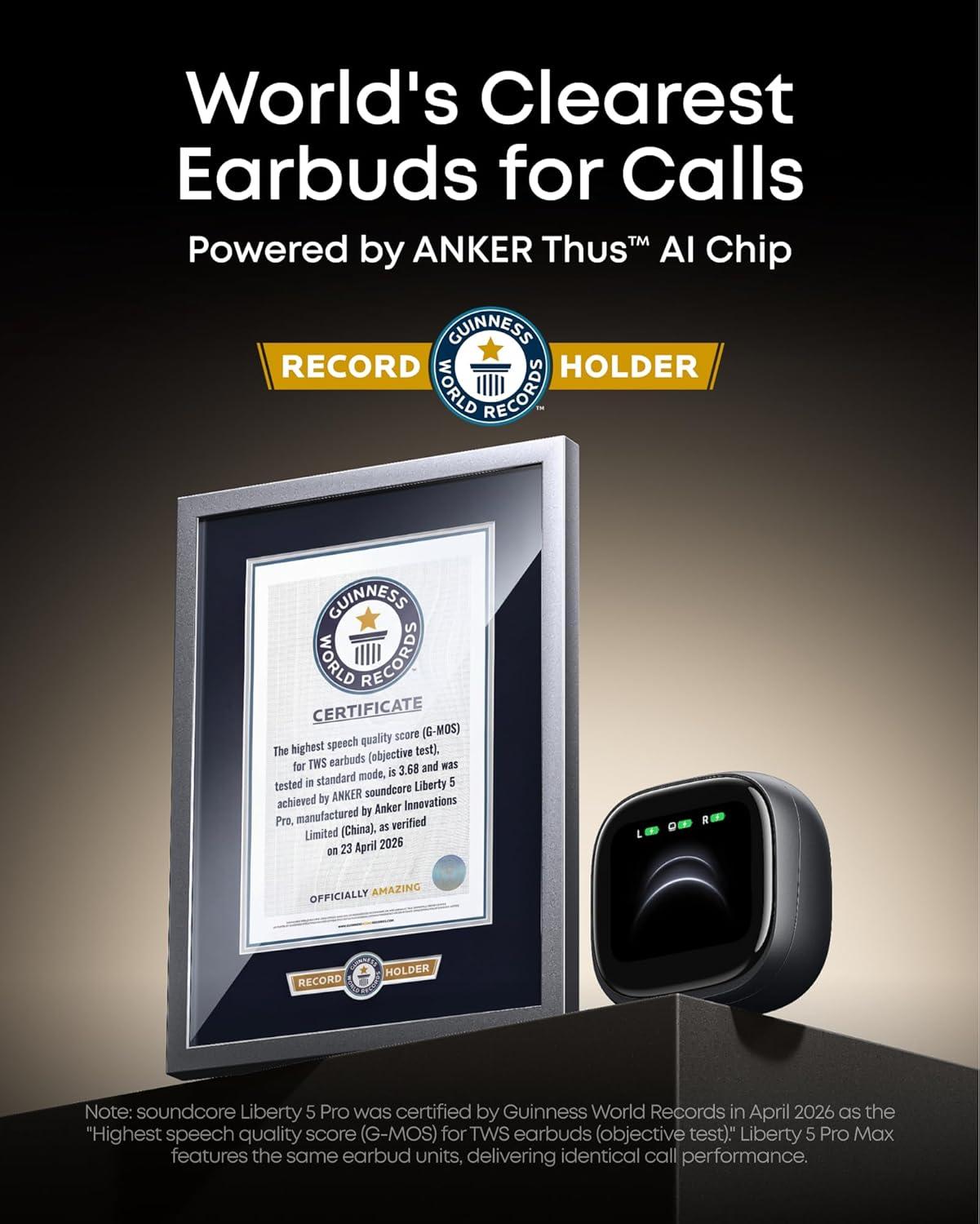 image:imageSoundcore Liberty 5 ProGuinness World RecordsCertified Call QualityAnker Thus AI ChipActive Noise Cancelling Wireless EarbudsCrystalClear Calls for CommuteNoisy EnvironmentsMidnight Black