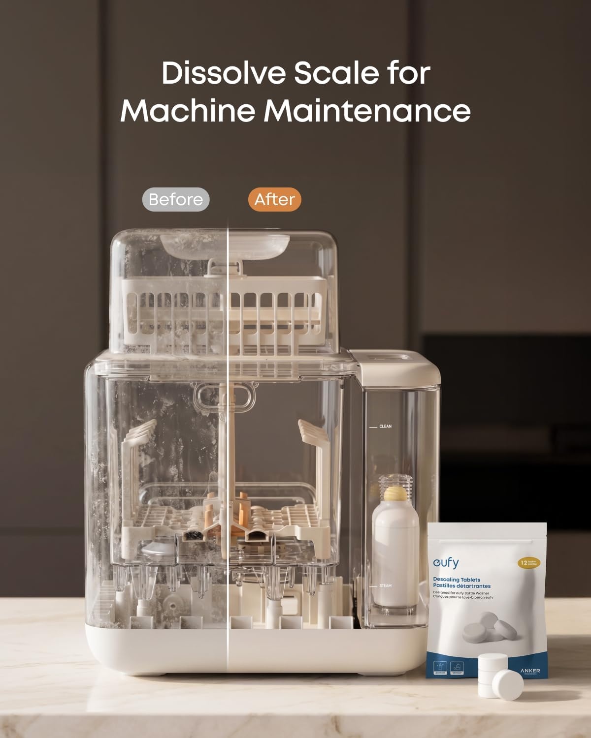 image:imageeufy Official Descaling Tablets for Baby Bottle Washer Descaler for Scale and Mineral Buildup Removal Deep Machine Maintenance 1Year Supply 12 Count