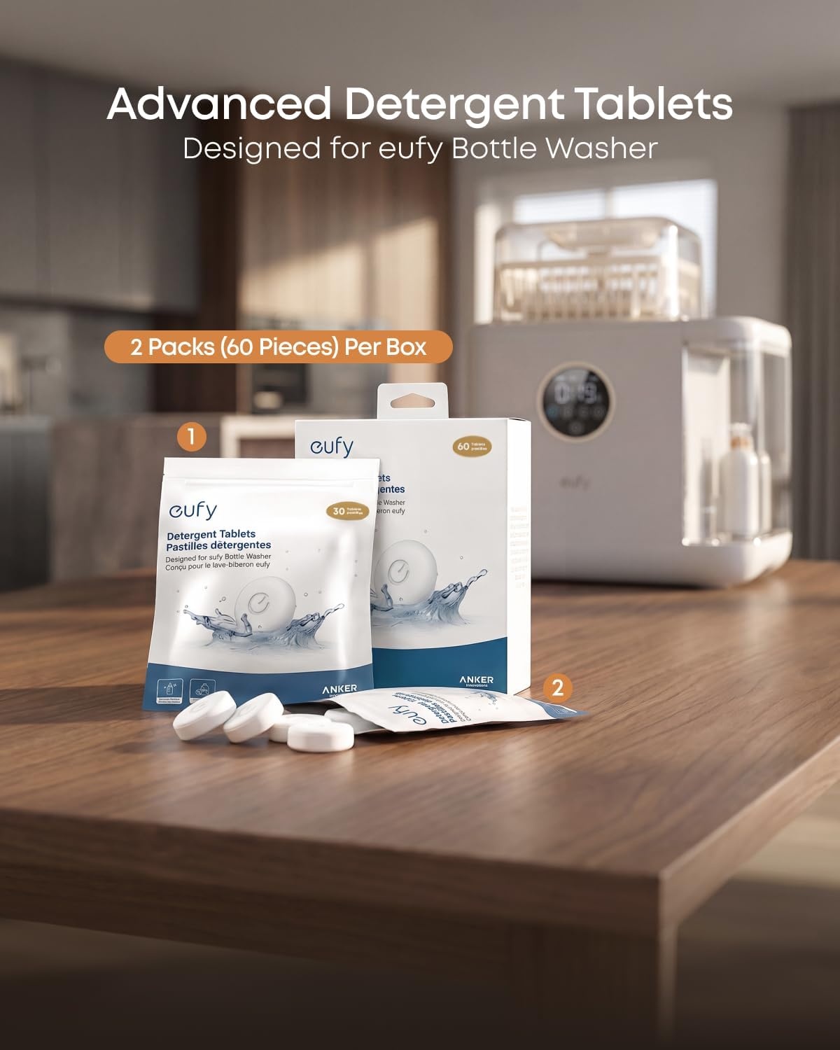 image:imageeufy Official Detergent Tablets for Baby Bottle Washer 60 Count 2 Packs Deep Cleaning Washing Block for Spotless Bottles Pump Parts and Feeding Essentials Removes Milk Residue BPAFree